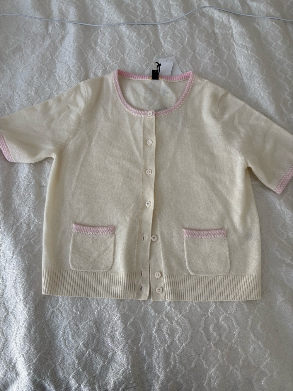Magaschoni Cream Short Sleeve Cardigan with Pink Trim